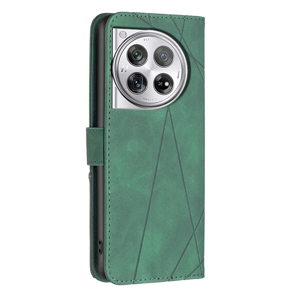 BINFEN COLOR For OnePlus 12R 5G / Ace 3 5G Phone Cases Wallet Stand Geometry Imprint Leather Cover - Green - 5