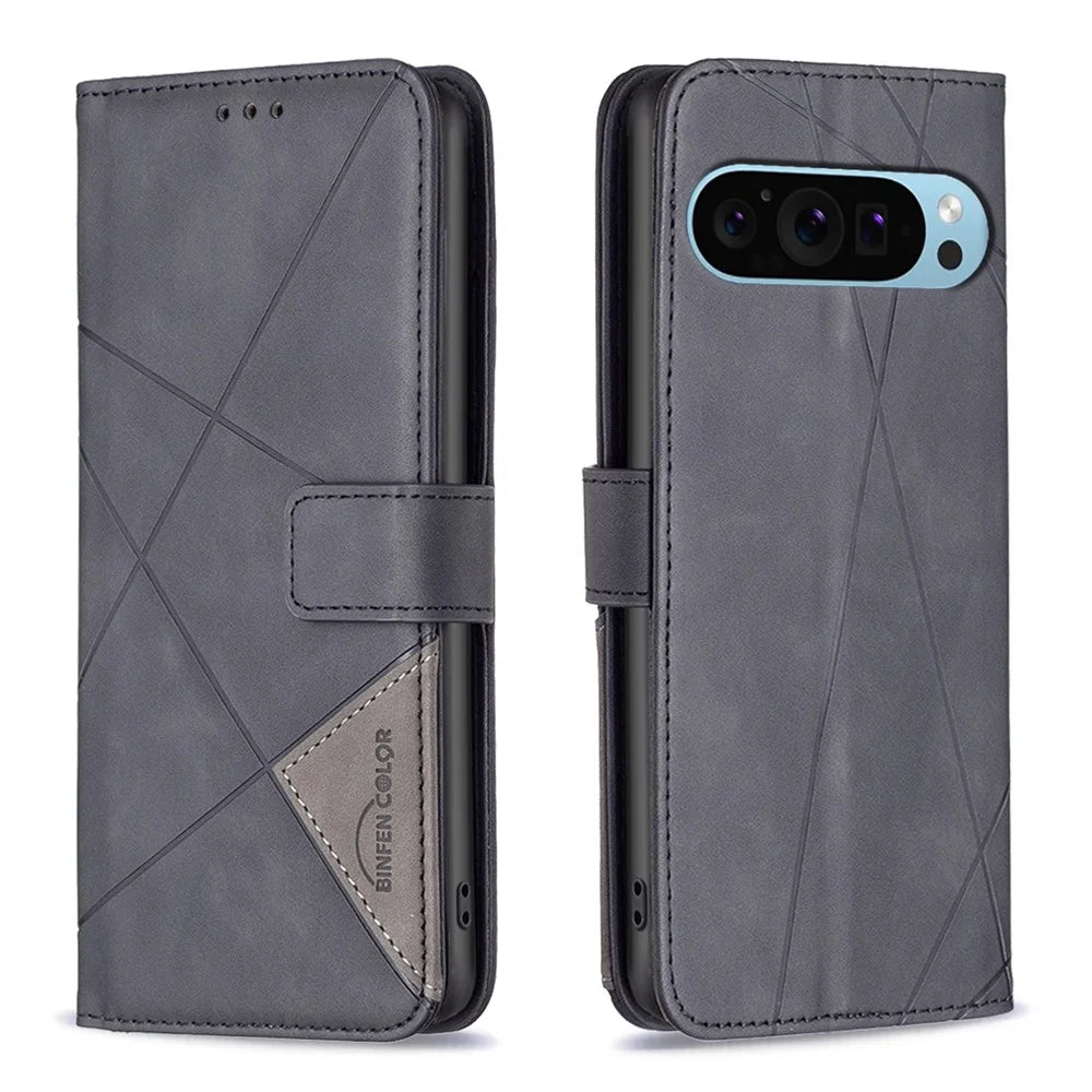 BINFEN COLOR For Google Pixel 9 Pro XL Phone Cases Wallet Stand Geometry Imprint Leather Cover - Black - 1
