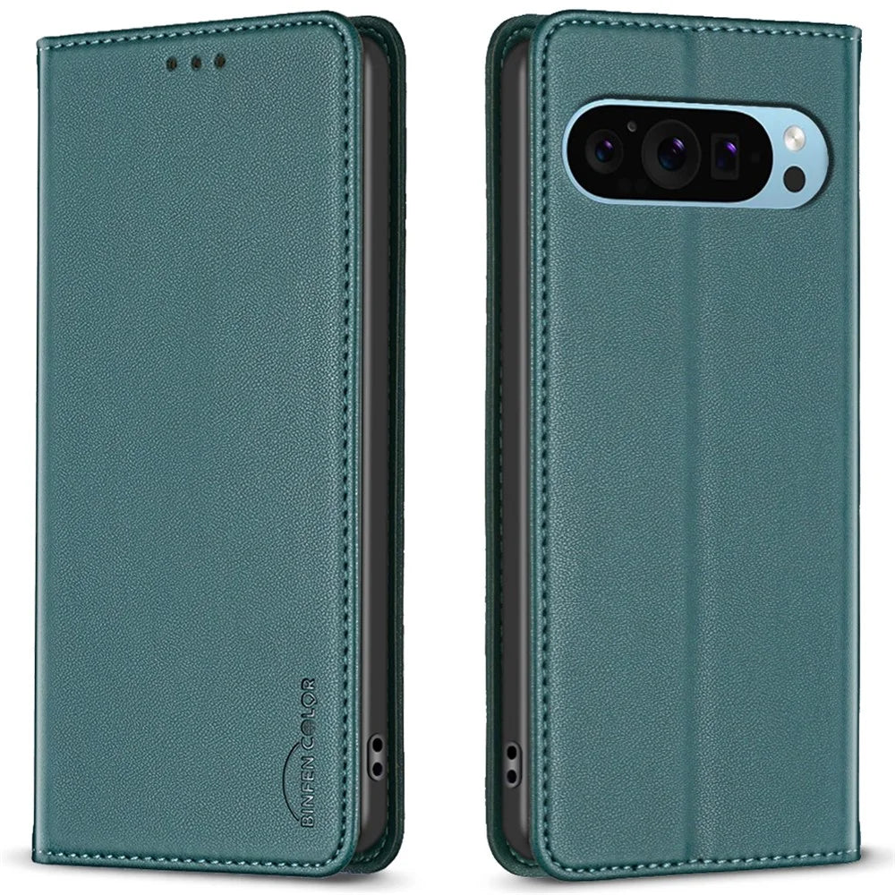 BINFEN COLOR BF18 For Google Pixel 9 / Pixel 9 Pro Leather Case Magnetic Closure Flip Phone Cover Full Body Protection - Green - 1