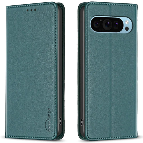 BINFEN COLOR BF18 For Google Pixel 9 / Pixel 9 Pro Leather Case Magnetic Closure Flip Phone Cover Full Body Protection - Green - 1