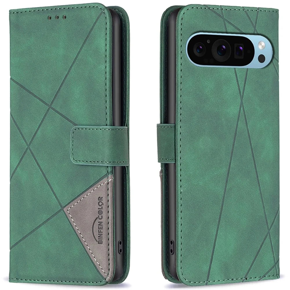 BINFEN COLOR For Google Pixel 9 / Pixel 9 Pro Phone Cases Wallet Stand Geometry Imprint Leather Cover - Green - 1