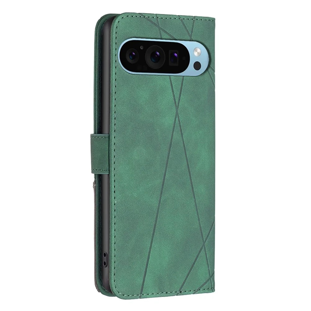 BINFEN COLOR For Google Pixel 9 / Pixel 9 Pro Phone Cases Wallet Stand Geometry Imprint Leather Cover - Green - 6