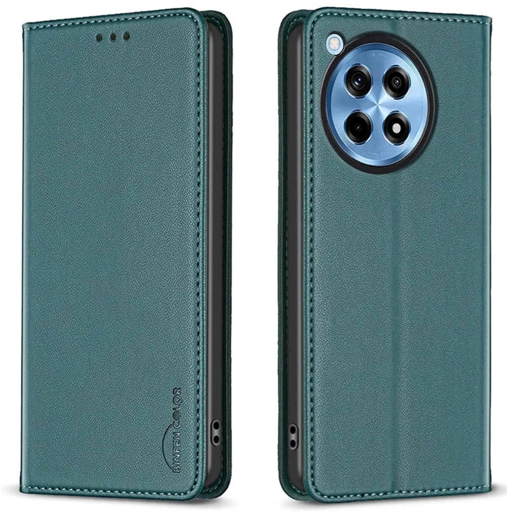 BINFEN COLOR BF18 For OnePlus 12R 5G / Ace 3 5G Case Magnetic Closure Leather Folio Phone Cover - Green - 1