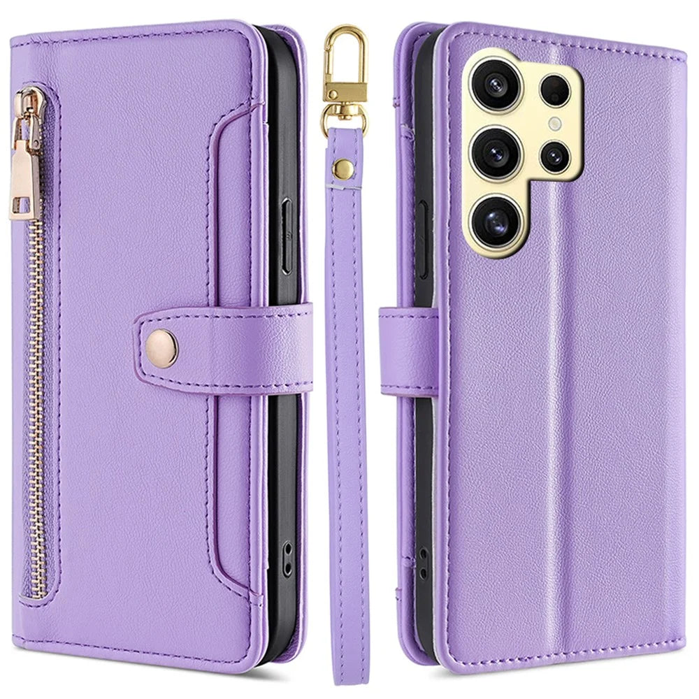 For Samsung Galaxy S24 Ultra Cell Phone Case Magnetic Leather Wallet Card Holder Phone Cover with 2 Straps - Purple - 1