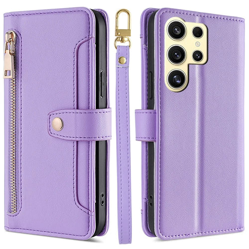 For Samsung Galaxy S24 Ultra Cell Phone Case Magnetic Leather Wallet Card Holder Phone Cover with 2 Straps - Purple - 1