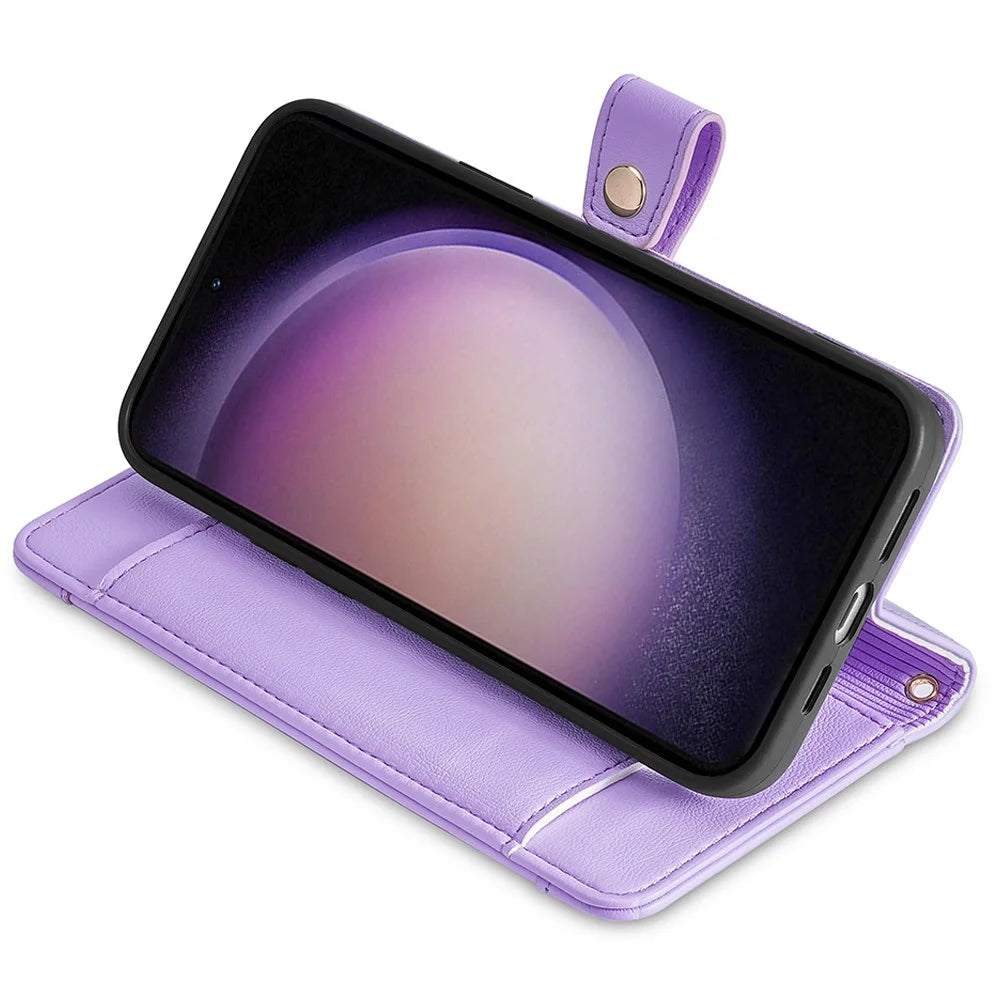 For Samsung Galaxy S24 Ultra Cell Phone Case Magnetic Leather Wallet Card Holder Phone Cover with 2 Straps - Purple - 3