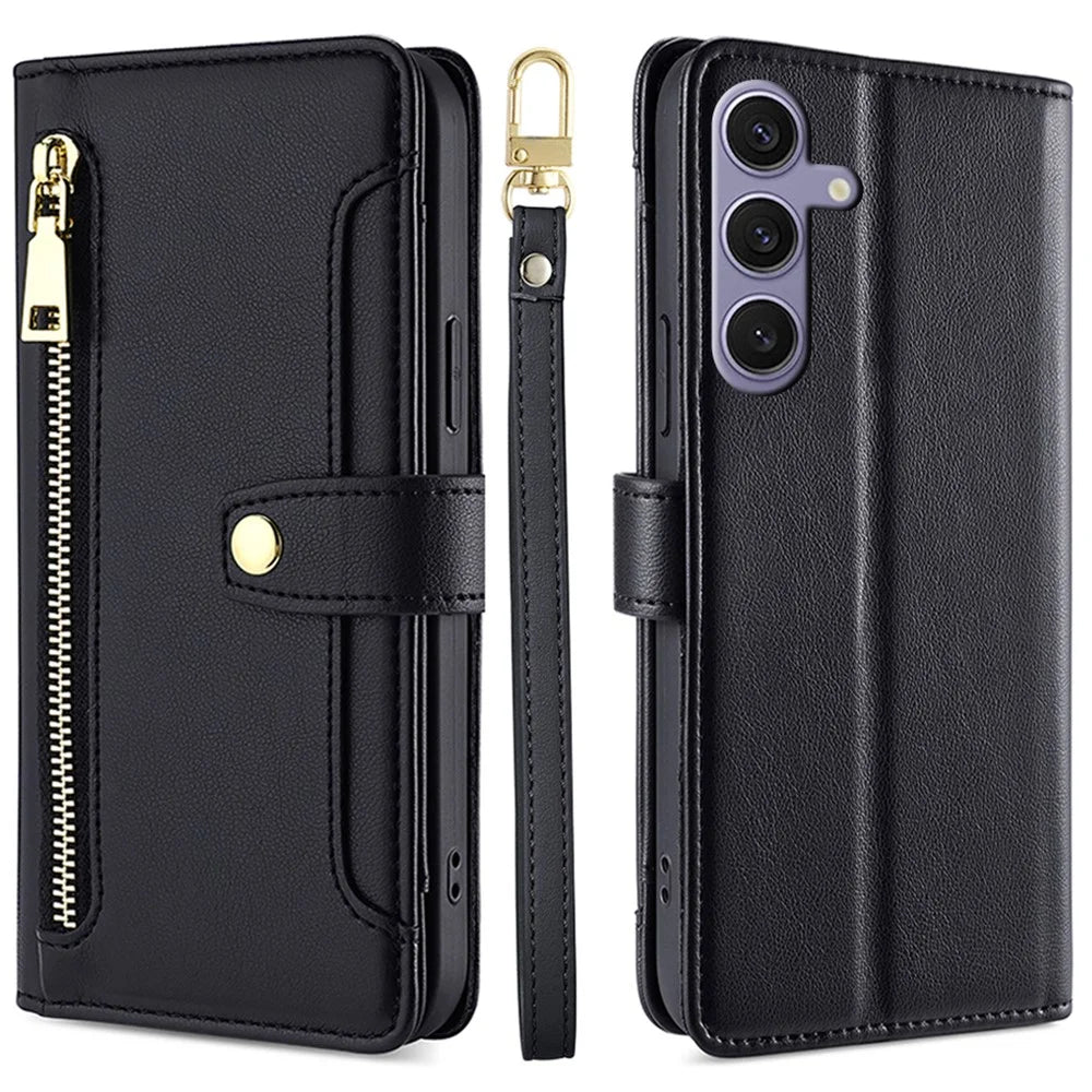 For Samsung Galaxy S24+ Cell Phone Cover Magnetic Leather Phone Case Phone Stand with 2 Straps - Black - 1