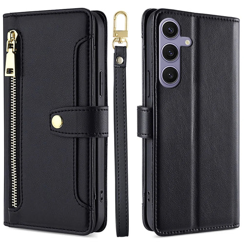For Samsung Galaxy S24+ Cell Phone Cover Magnetic Leather Phone Case Phone Stand with 2 Straps - Black - 1