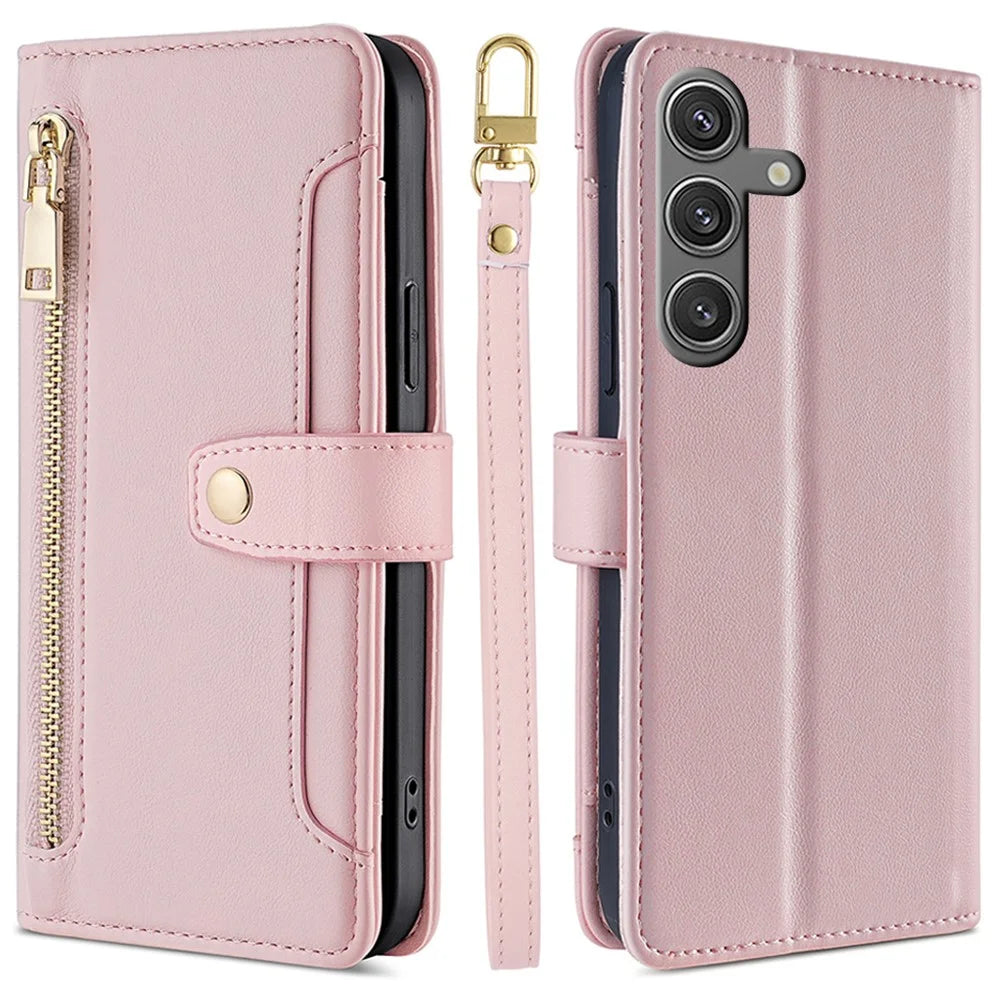 For Samsung Galaxy S24 Case Magnetic Drop-proof Cover Leather Stand Cover with 2 Straps - Pink - 1