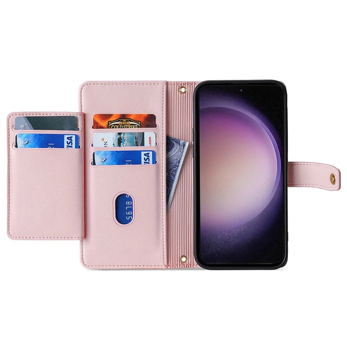 For Samsung Galaxy S24 Case Magnetic Drop-proof Cover Leather Stand Cover with 2 Straps - Pink - 2