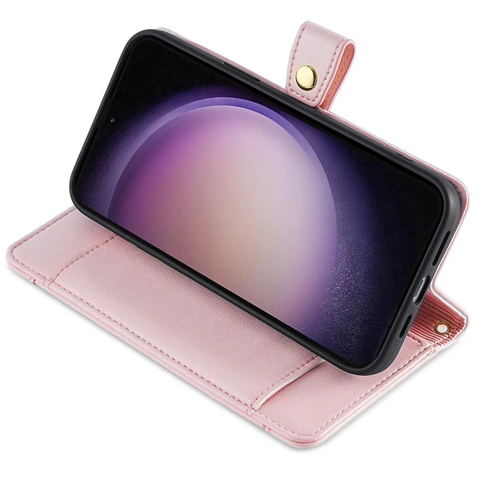 For Samsung Galaxy S24 Case Magnetic Drop-proof Cover Leather Stand Cover with 2 Straps - Pink - 3