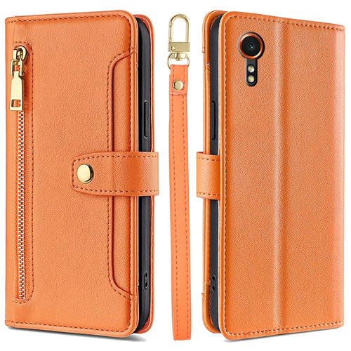 For Samsung Galaxy Xcover7 Wallet Case Shockproof Leather Phone Cover with 2 Straps - Orange - 1