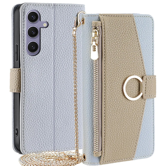 For Samsung Galaxy S24+ Zipper Pocket Phone Cover Crossbody Case with Makeup Mirror - Blue - 1