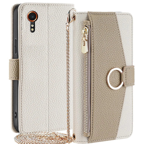For Samsung Galaxy Xcover7 Makeup Mirror Zipper Pocket Phone Cover Shockproof Case with Shoulder Strap - White - 1