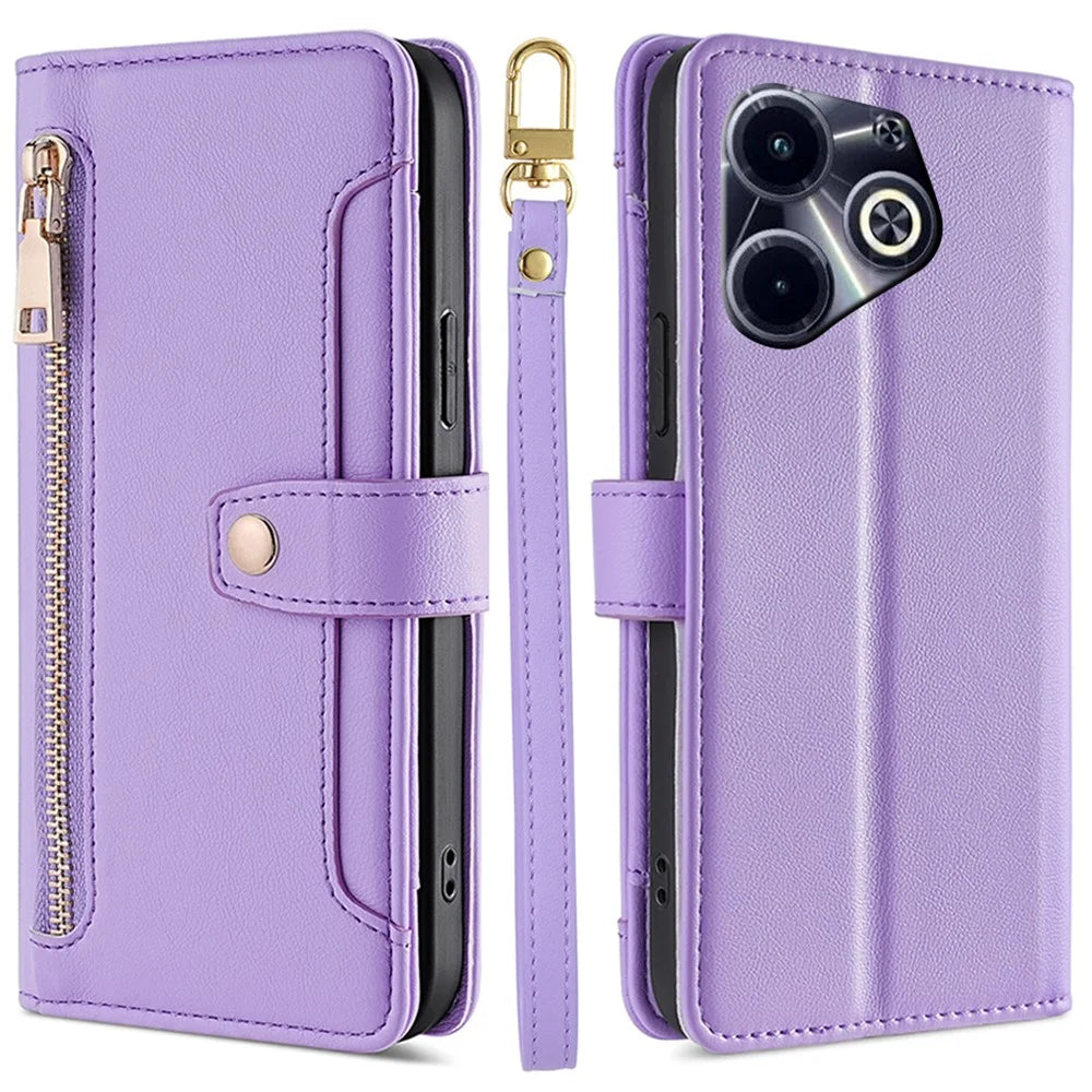 For Infinix Hot 40i Leather Case Protective Wallet Phone Cover with 2 Straps - Purple - 1