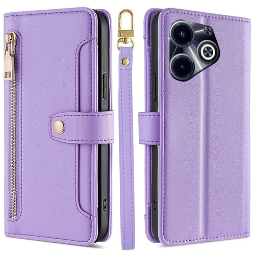 For Infinix Hot 40i Leather Case Protective Wallet Phone Cover with 2 Straps - Purple - 1
