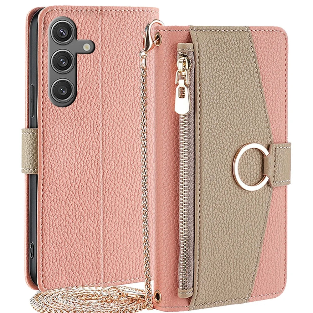 For Samsung Galaxy S24 Makeup Mirror Zipper Pocket Phone Cover Anti-scratch Case with Shoulder Strap - Pink - 1