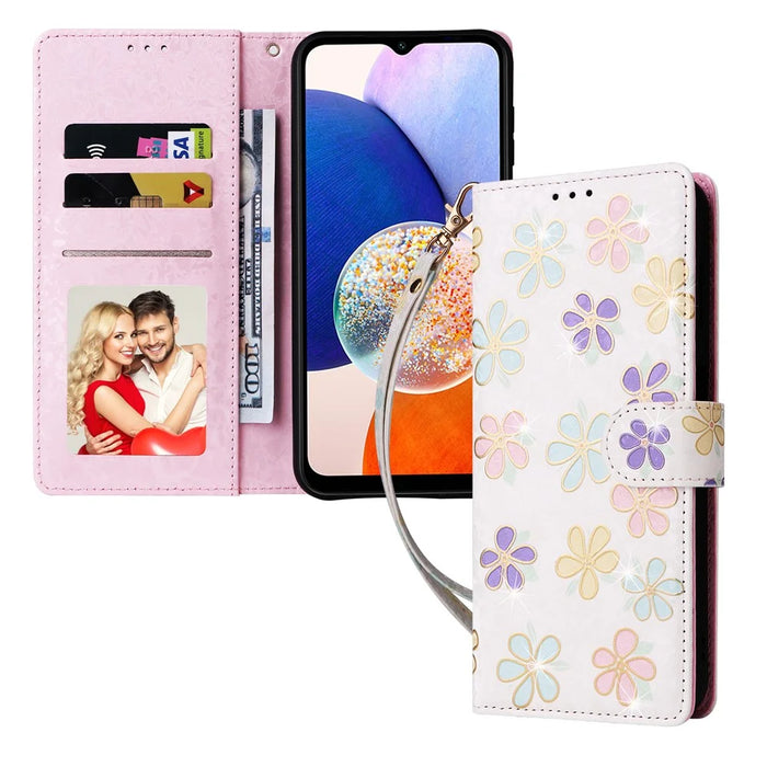 For Samsung Galaxy A15 4G / 5G Leather Case RFID Blocking Flip Folio Lacquered Phone Cover - Colorful Flower - 5