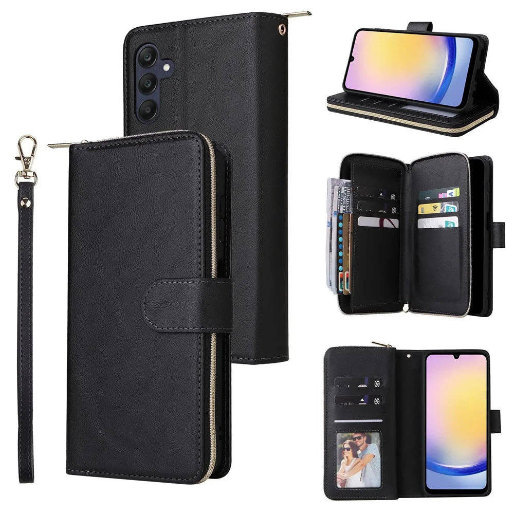 For Samsung Galaxy A25 5G (Global) (161.0 x 76.5 x 8.3mm) Case Card Slots Zipper Wallet Leather Phone Cover - Black - 1
