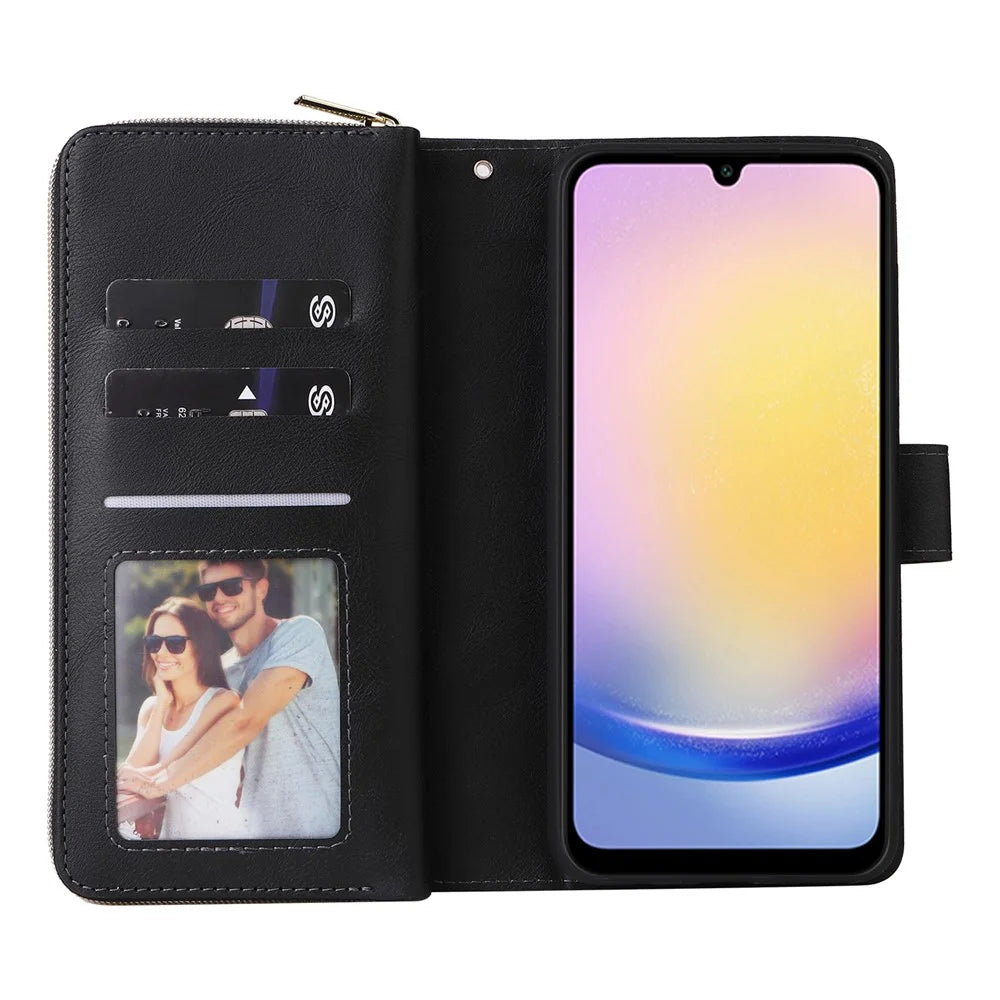 For Samsung Galaxy A25 5G (Global) (161.0 x 76.5 x 8.3mm) Case Card Slots Zipper Wallet Leather Phone Cover - Black - 2