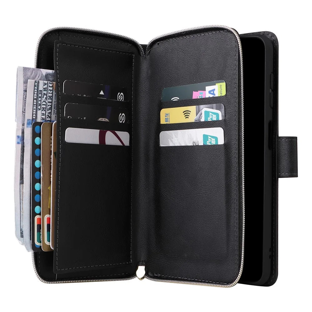 For Samsung Galaxy A25 5G (Global) (161.0 x 76.5 x 8.3mm) Case Card Slots Zipper Wallet Leather Phone Cover - Black - 3