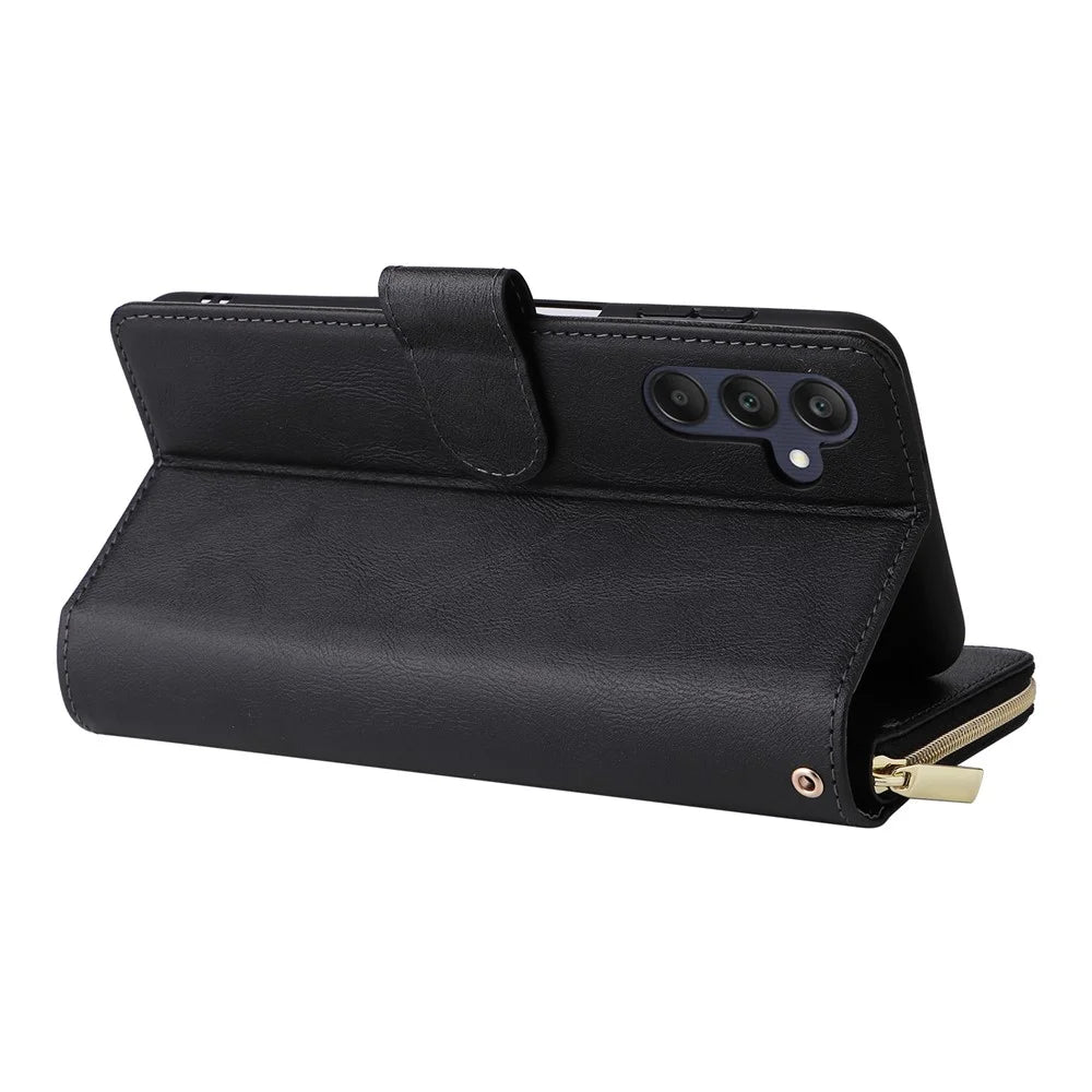 For Samsung Galaxy A25 5G (Global) (161.0 x 76.5 x 8.3mm) Case Card Slots Zipper Wallet Leather Phone Cover - Black - 5