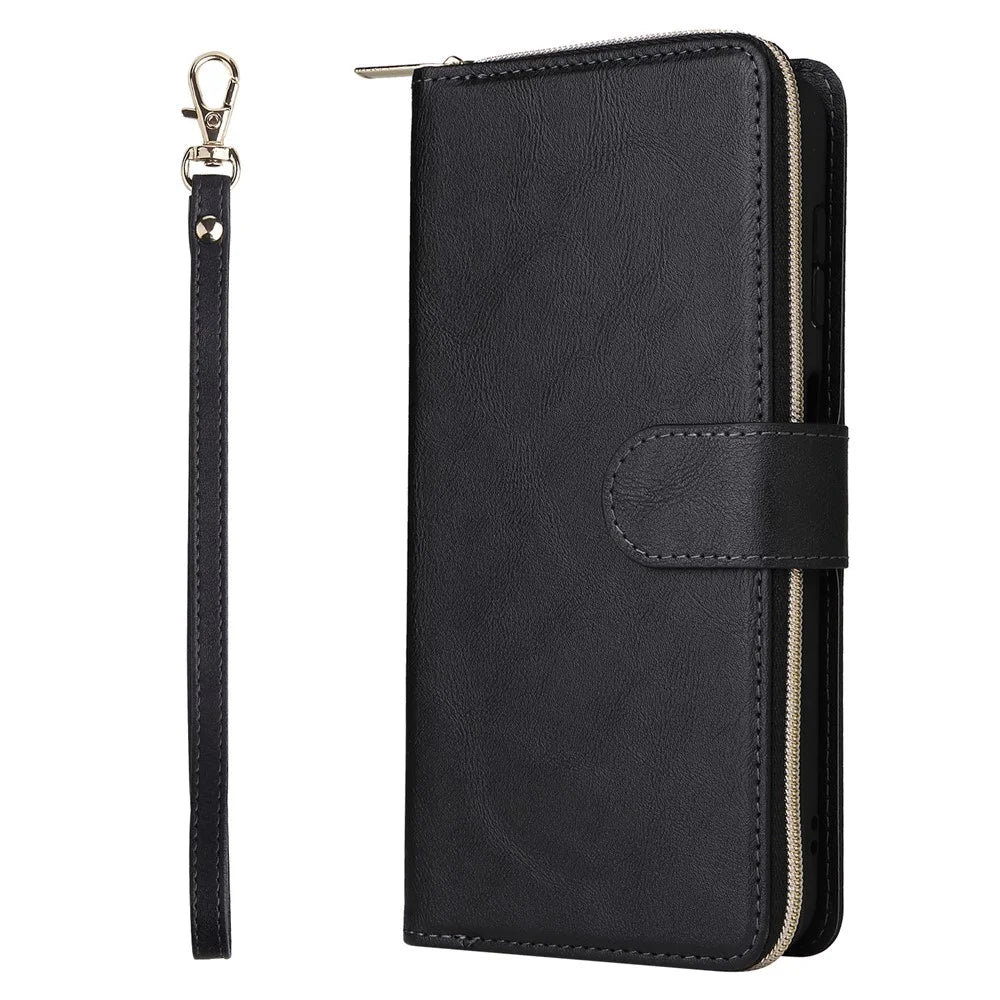 For Samsung Galaxy A25 5G (Global) (161.0 x 76.5 x 8.3mm) Case Card Slots Zipper Wallet Leather Phone Cover - Black - 6
