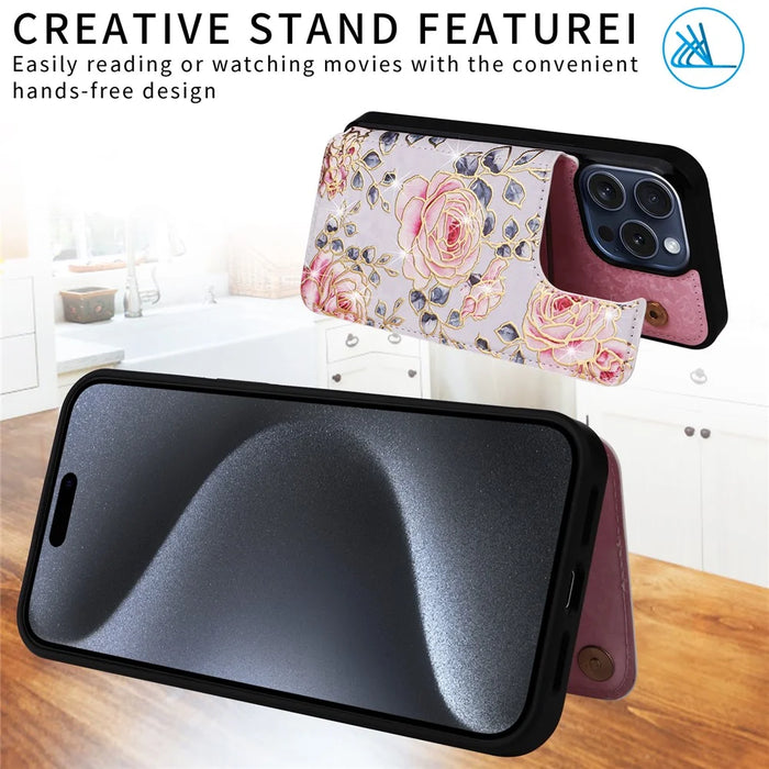 For iPhone 15 Pro Case Kickstand Drop Protection Shockproof Phone Shell - Rose - 5