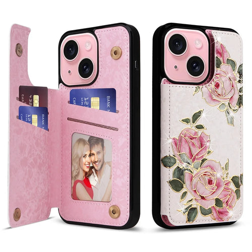 For iPhone 15 Card Slot Case Kickstand Anti-Drop Flower Printed Phone Cover - Rose Flower - 1