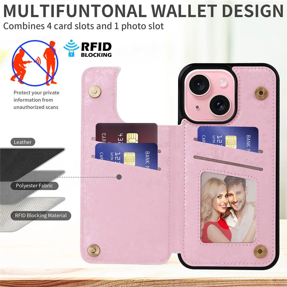 For iPhone 15 Card Slot Case Kickstand Anti-Drop Flower Printed Phone Cover - Rose Flower - 2