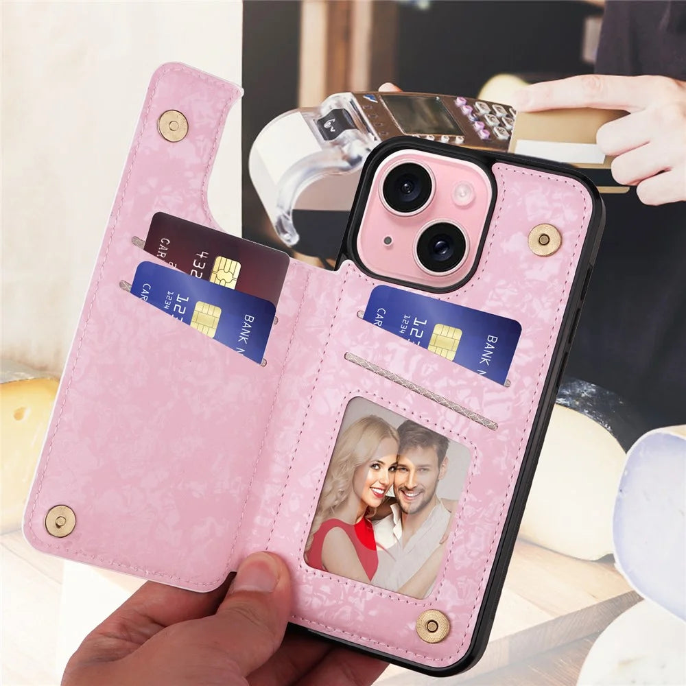 For iPhone 15 Card Slot Case Kickstand Anti-Drop Flower Printed Phone Cover - Rose Flower - 3