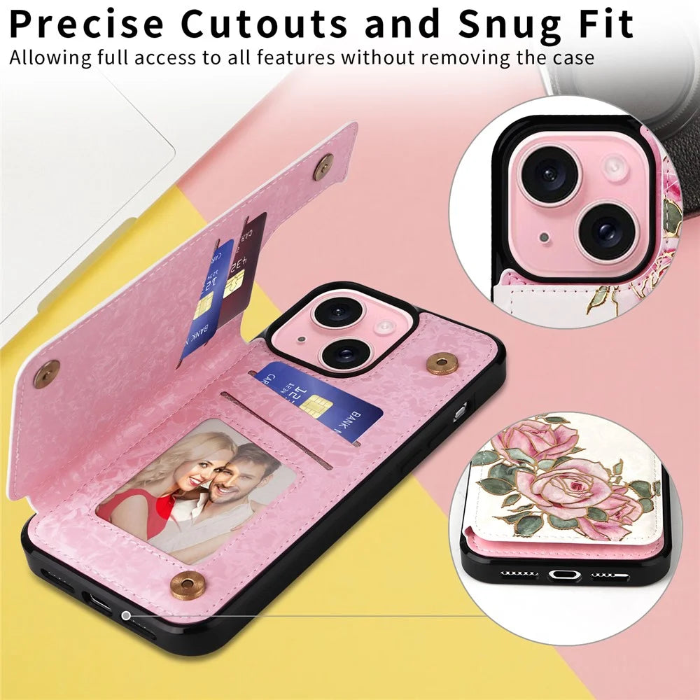 For iPhone 15 Card Slot Case Kickstand Anti-Drop Flower Printed Phone Cover - Rose Flower - 4