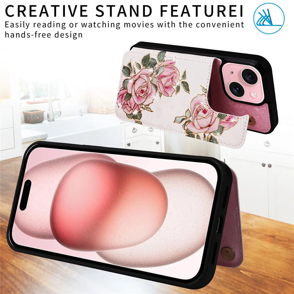 For iPhone 15 Card Slot Case Kickstand Anti-Drop Flower Printed Phone Cover - Rose Flower - 5