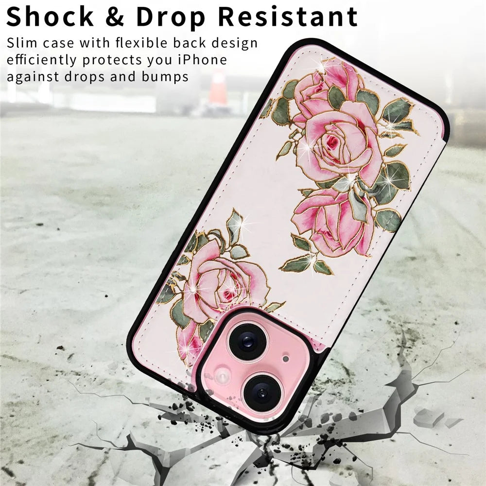 For iPhone 15 Card Slot Case Kickstand Anti-Drop Flower Printed Phone Cover - Rose Flower - 6