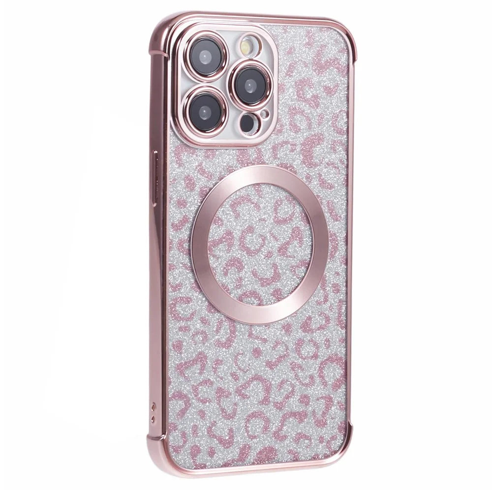 HRF Series for iPhone 12 Pro Magnetic Case Electroplating Leopard TPU Phone Cover - Pink - 1