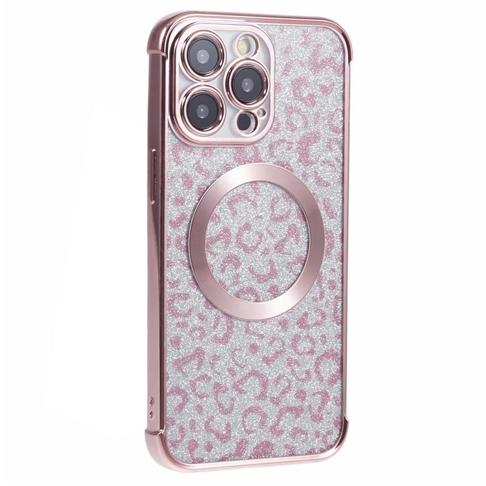 HRF Series for iPhone 12 Pro Magnetic Case Electroplating Leopard TPU Phone Cover - Pink - 1