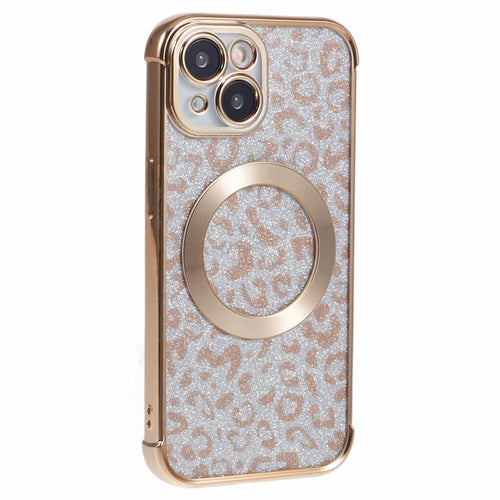 HRF Series for iPhone 13 Magnetic Case Leopard Phone TPU Cover Electroplating Edge - Gold - 1