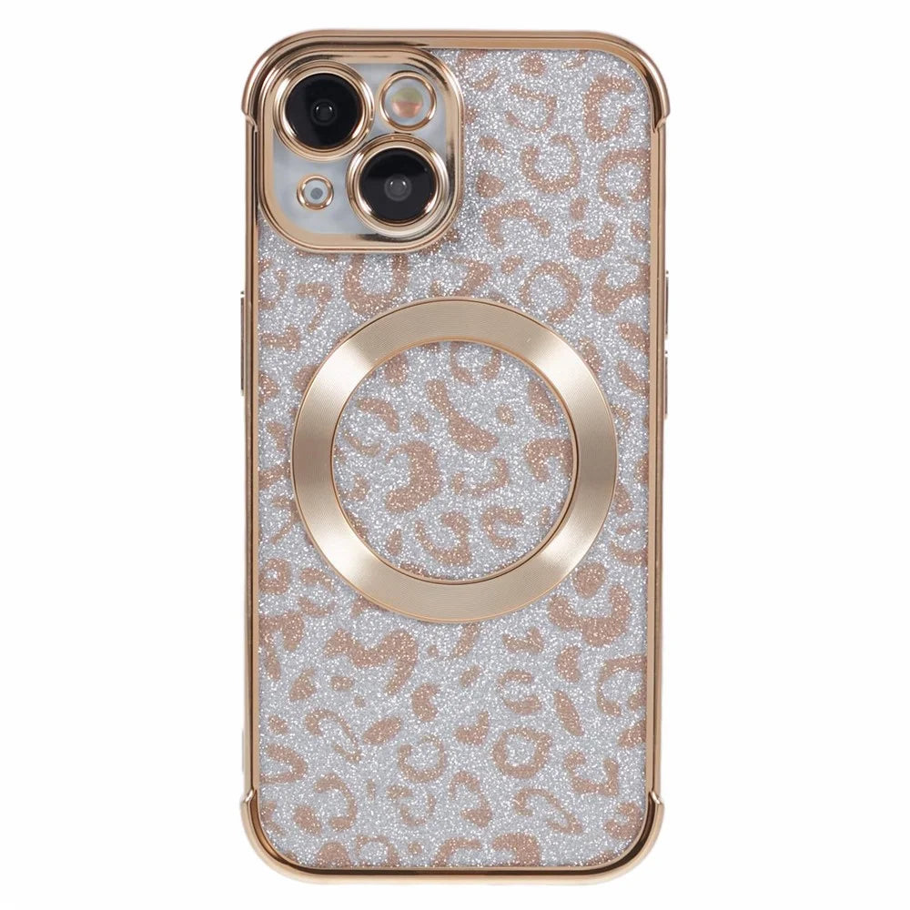 HRF Series for iPhone 13 Magnetic Case Leopard Phone TPU Cover Electroplating Edge - Gold - 3