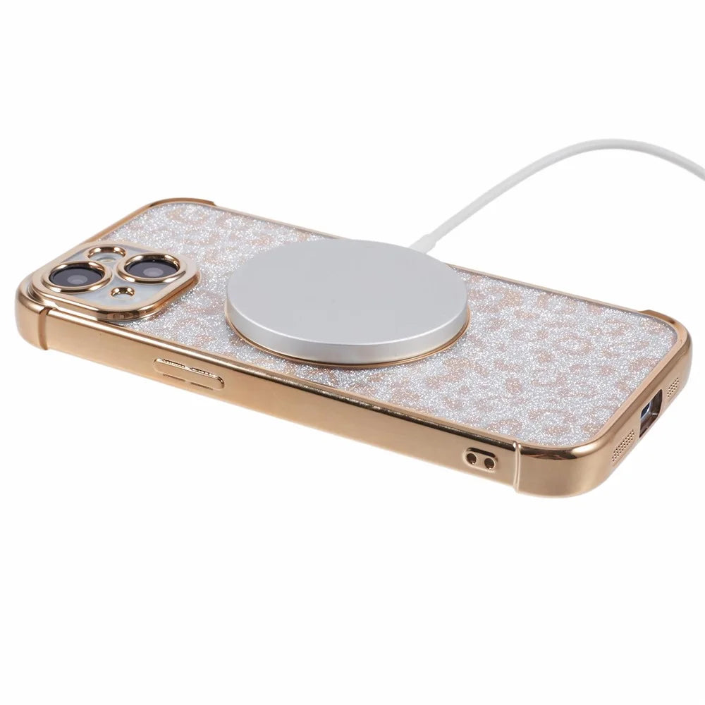 HRF Series for iPhone 13 Magnetic Case Leopard Phone TPU Cover Electroplating Edge - Gold - 4