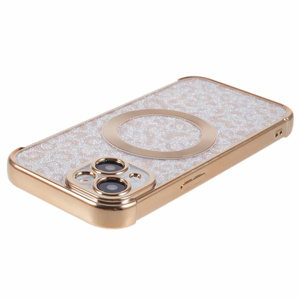 HRF Series for iPhone 13 Magnetic Case Leopard Phone TPU Cover Electroplating Edge - Gold - 6