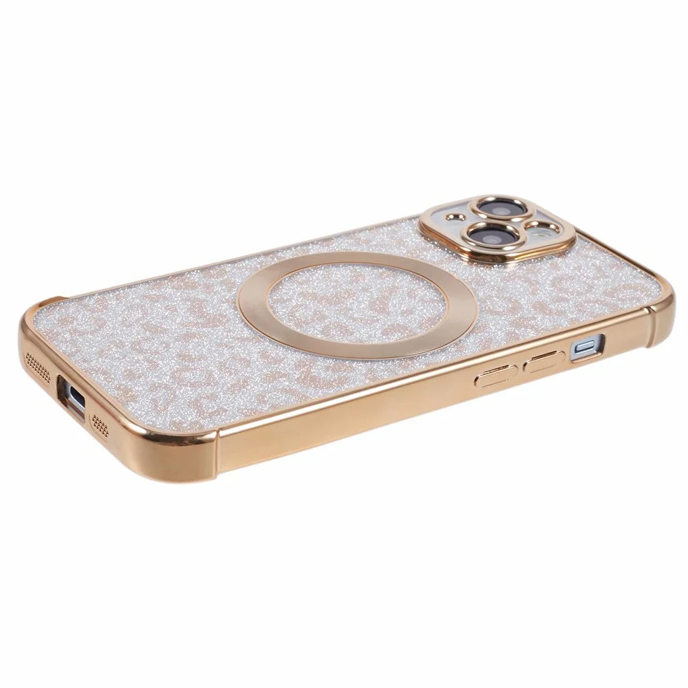 HRF Series for iPhone 13 Magnetic Case Leopard Phone TPU Cover Electroplating Edge - Gold - 7