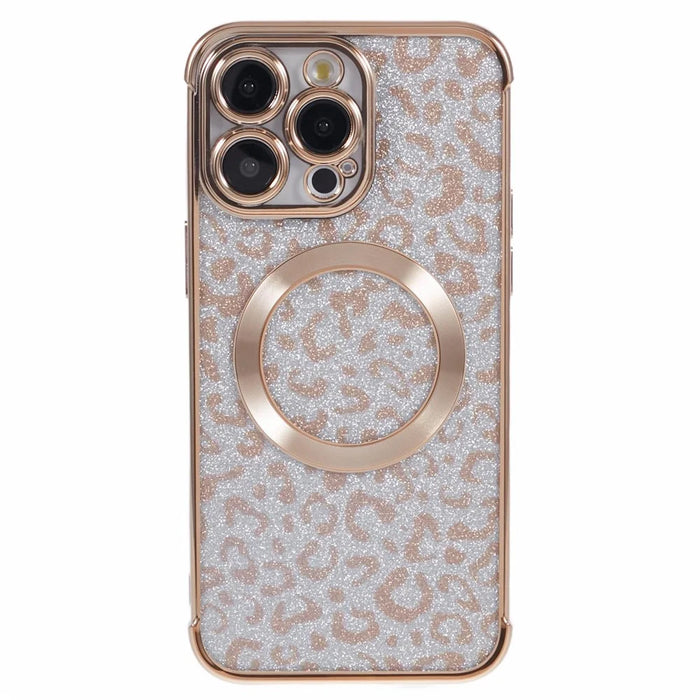 HRF Series for iPhone 13 Pro TPU Case Glitter Leopard Electroplating Magnetic Phone Cover - Gold - 3