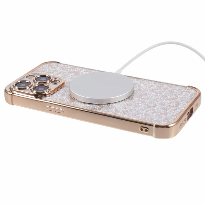 HRF Series for iPhone 13 Pro TPU Case Glitter Leopard Electroplating Magnetic Phone Cover - Gold - 4