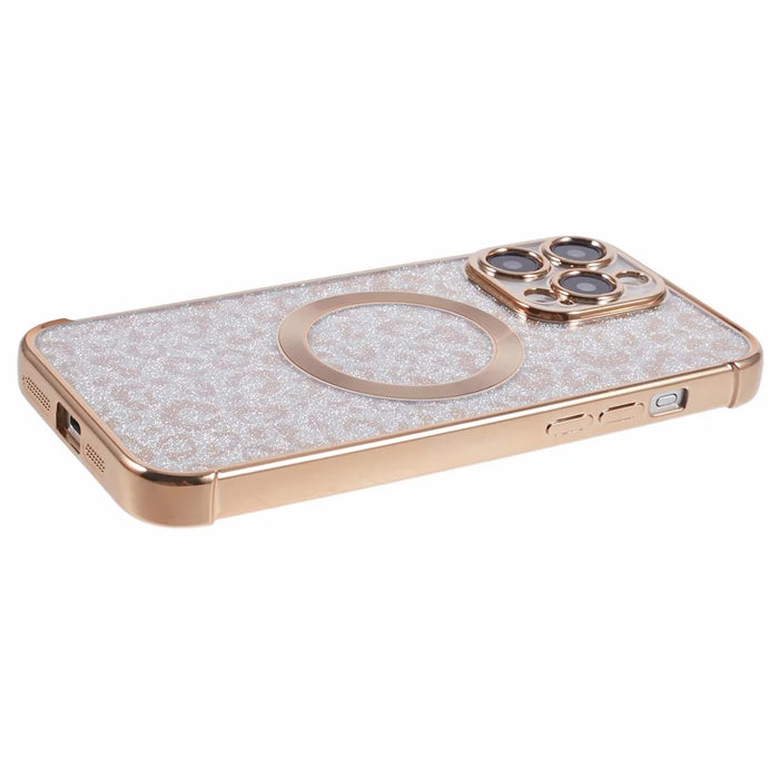HRF Series for iPhone 13 Pro TPU Case Glitter Leopard Electroplating Magnetic Phone Cover - Gold - 7