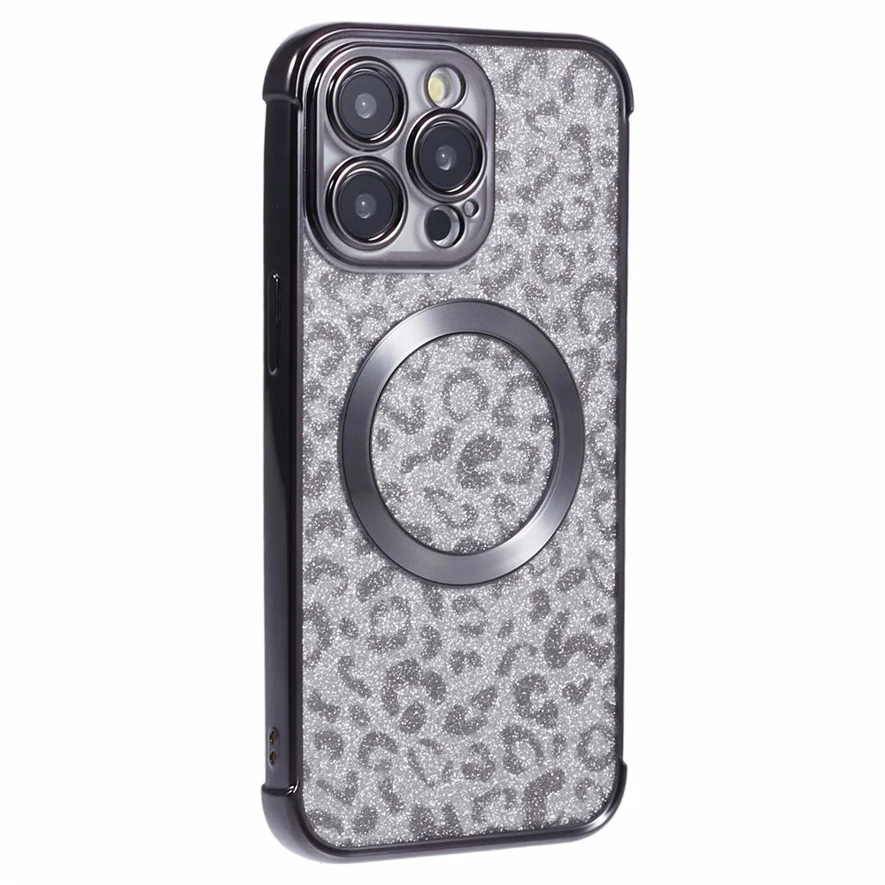 HRF Series for iPhone 13 Pro Max Case Electroplating TPU Magnetic Phone Cover Leopard Pattern - Black - 1