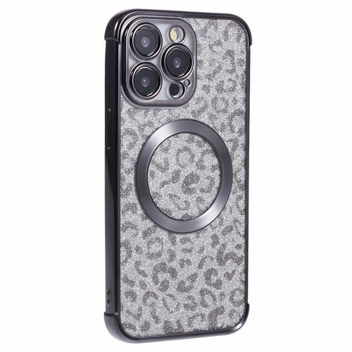 HRF Series for iPhone 13 Pro Max Case Electroplating TPU Magnetic Phone Cover Leopard Pattern - Black - 1