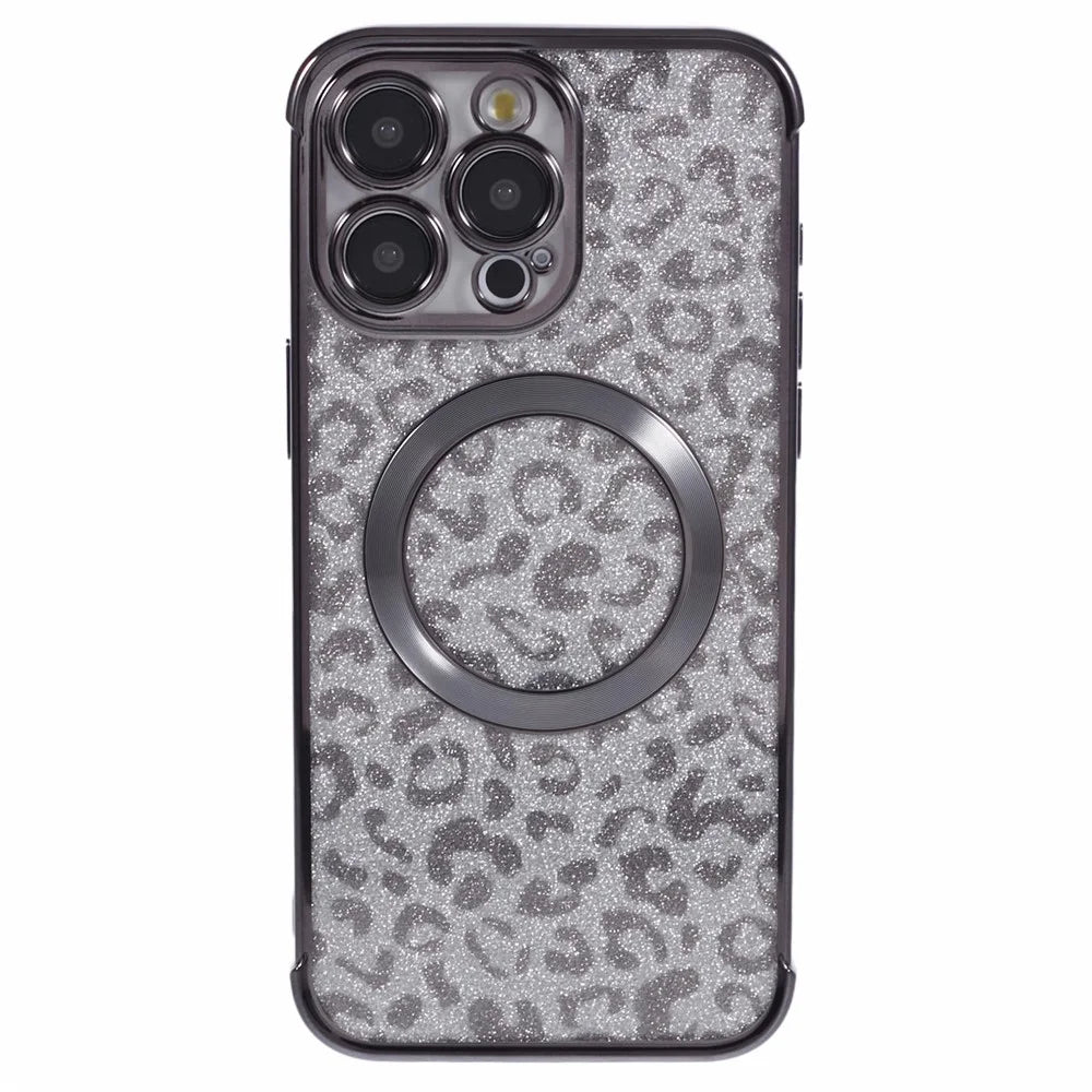 HRF Series for iPhone 13 Pro Max Case Electroplating TPU Magnetic Phone Cover Leopard Pattern - Black - 3