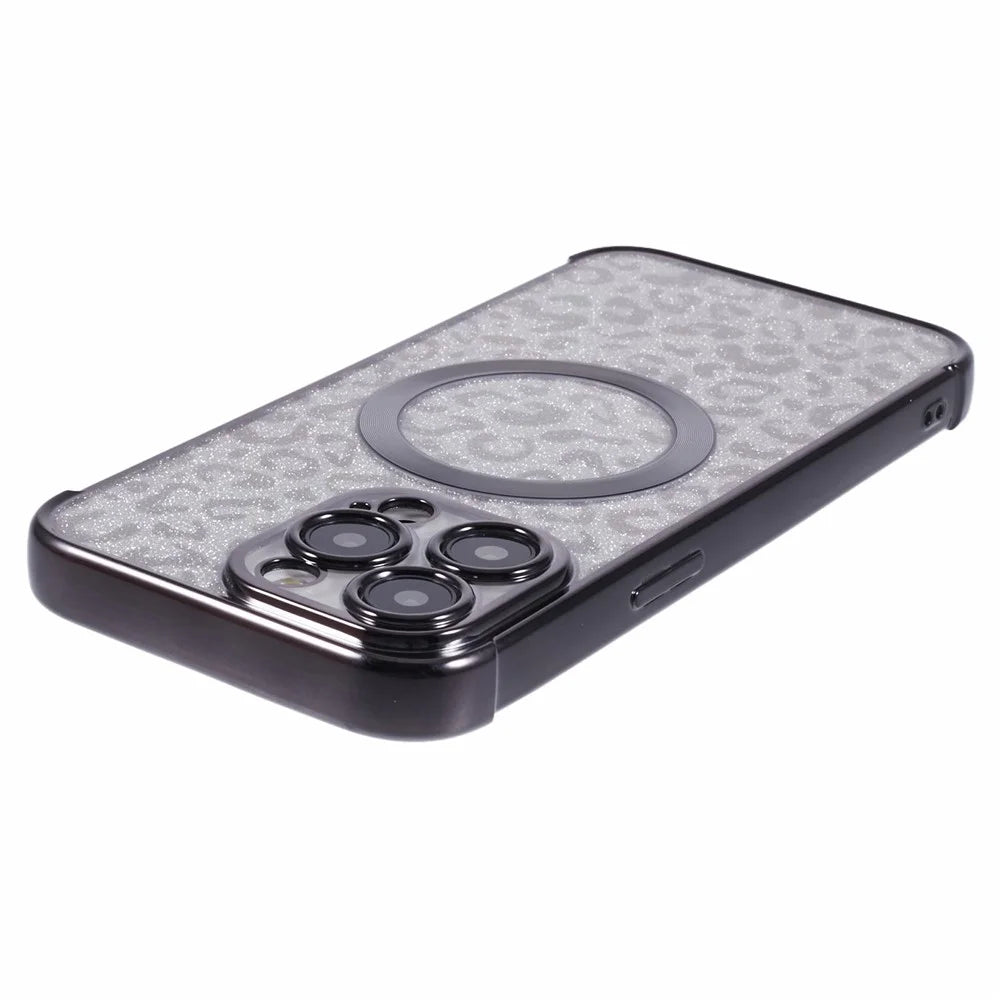 HRF Series for iPhone 13 Pro Max Case Electroplating TPU Magnetic Phone Cover Leopard Pattern - Black - 6