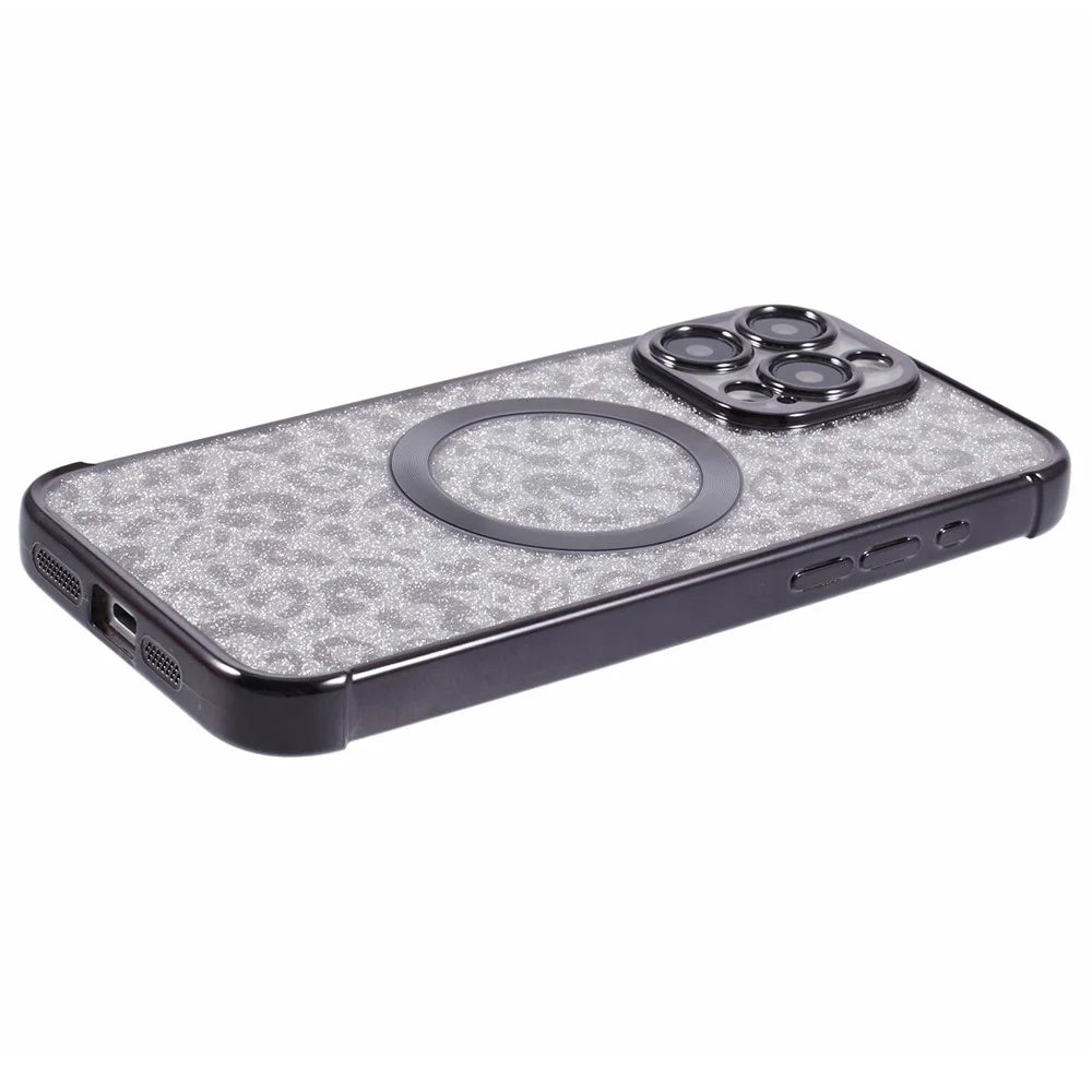 HRF Series for iPhone 13 Pro Max Case Electroplating TPU Magnetic Phone Cover Leopard Pattern - Black - 7