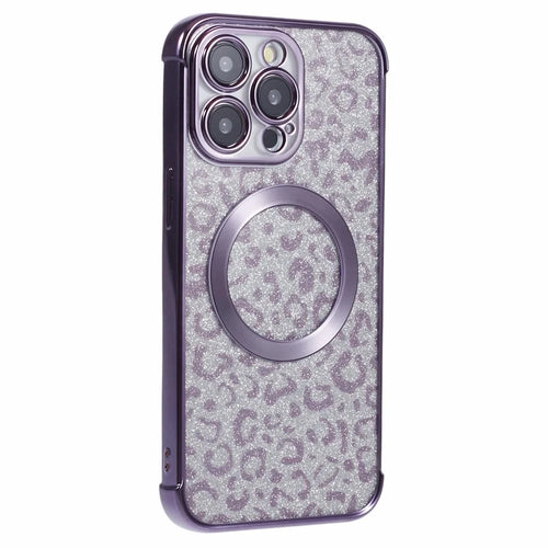 HRF Series for iPhone 14 Pro TPU Case Compatible with MagSafe Electroplating Leopard Phone Cover - Purple - 1